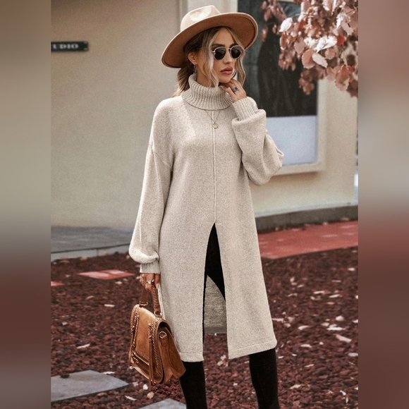 Sweaters - Turtleneck Drop Shoulder Split Thigh Longline Sweater